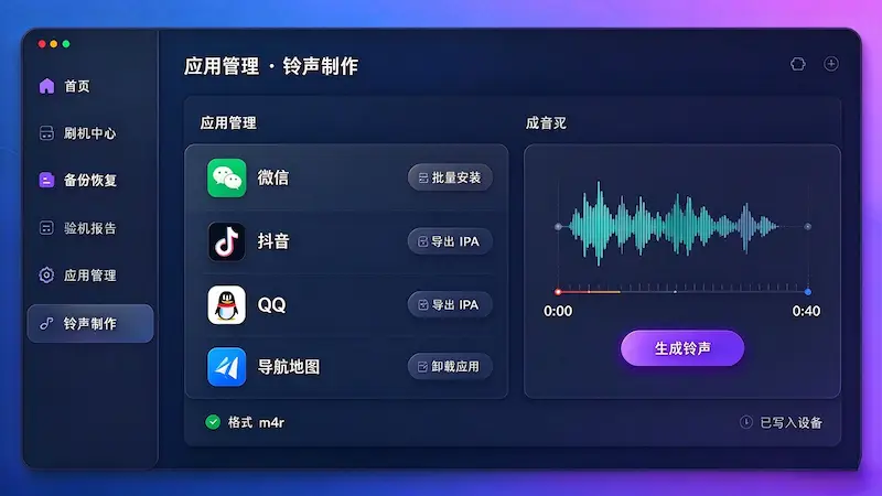 爱思助手应用和铃声管理界面
